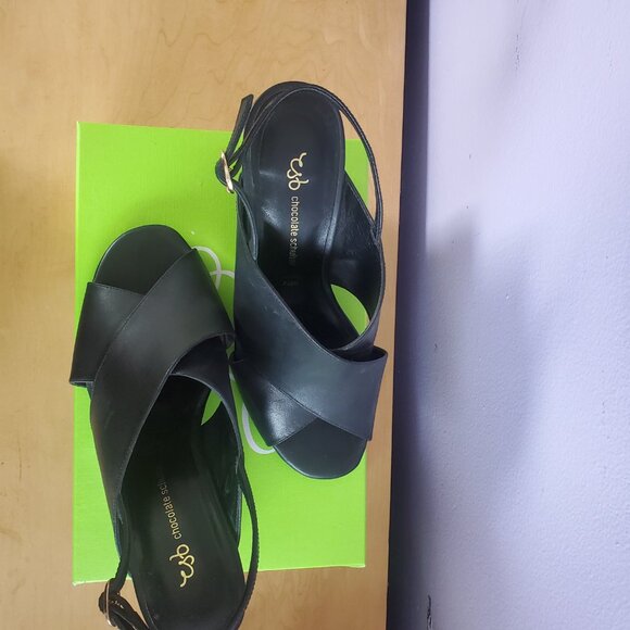 Women's Black Leather With White Marbel Wedges By Chocolate Schubar Size 8 - Picture 4 of 5